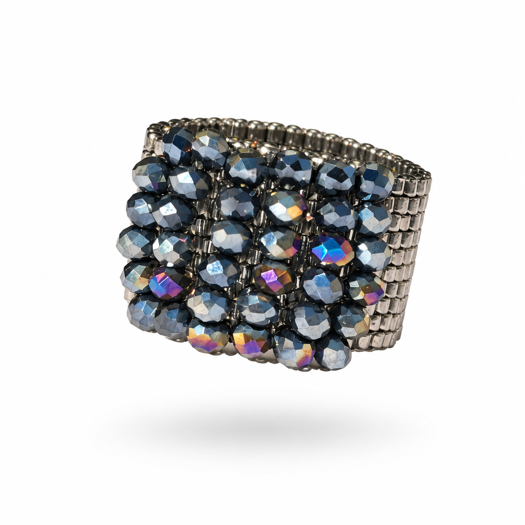 Crystal Bloom 14 mm Miyuki ring with metallic silver-tone beadwork and dark faceted crystal embellishments.