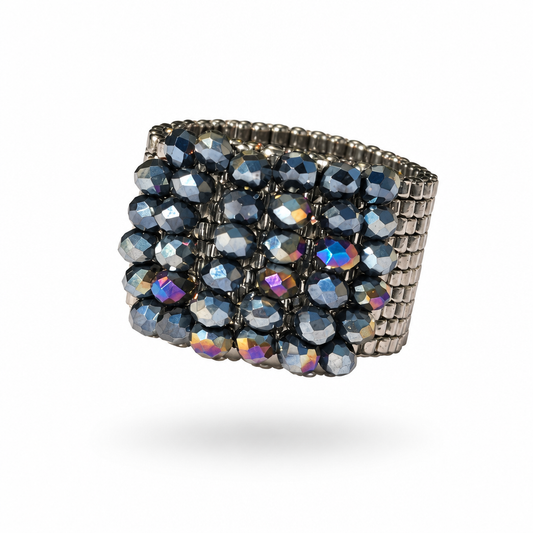 Crystal Bloom 14 mm Miyuki ring with metallic silver-tone beadwork and dark faceted crystal embellishments.