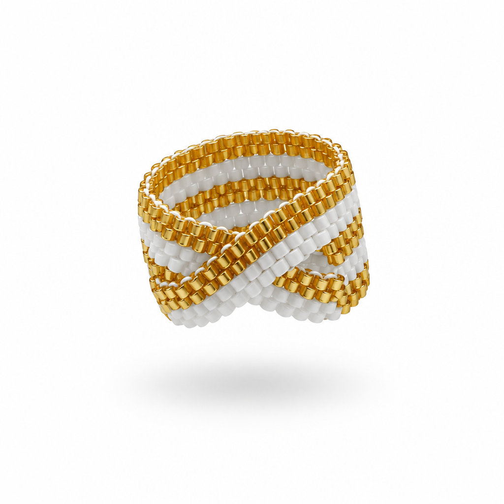 Entwined handcrafted Miyuki Delica beaded ring by Dailot in an interlaced design