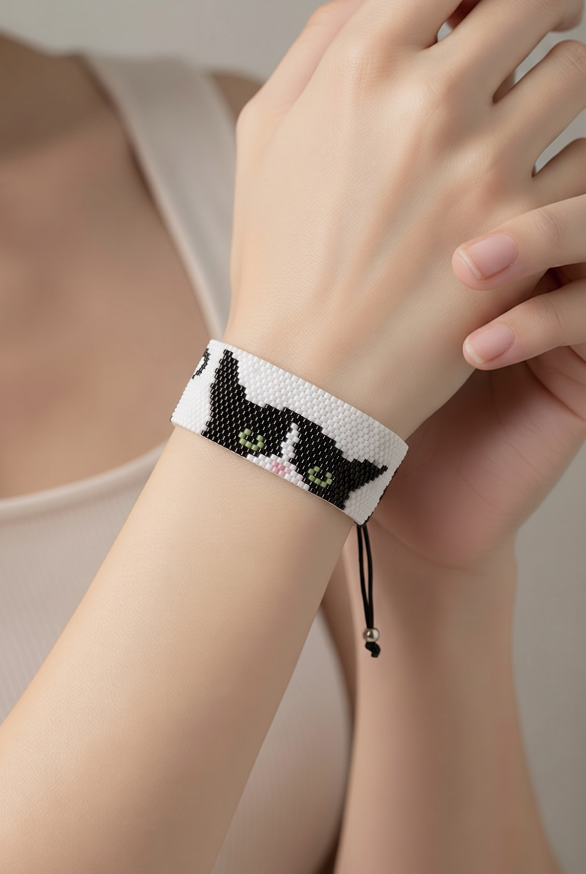 Feline Muse black cat Miyuki beaded bracelet worn on wrist against natural linen background