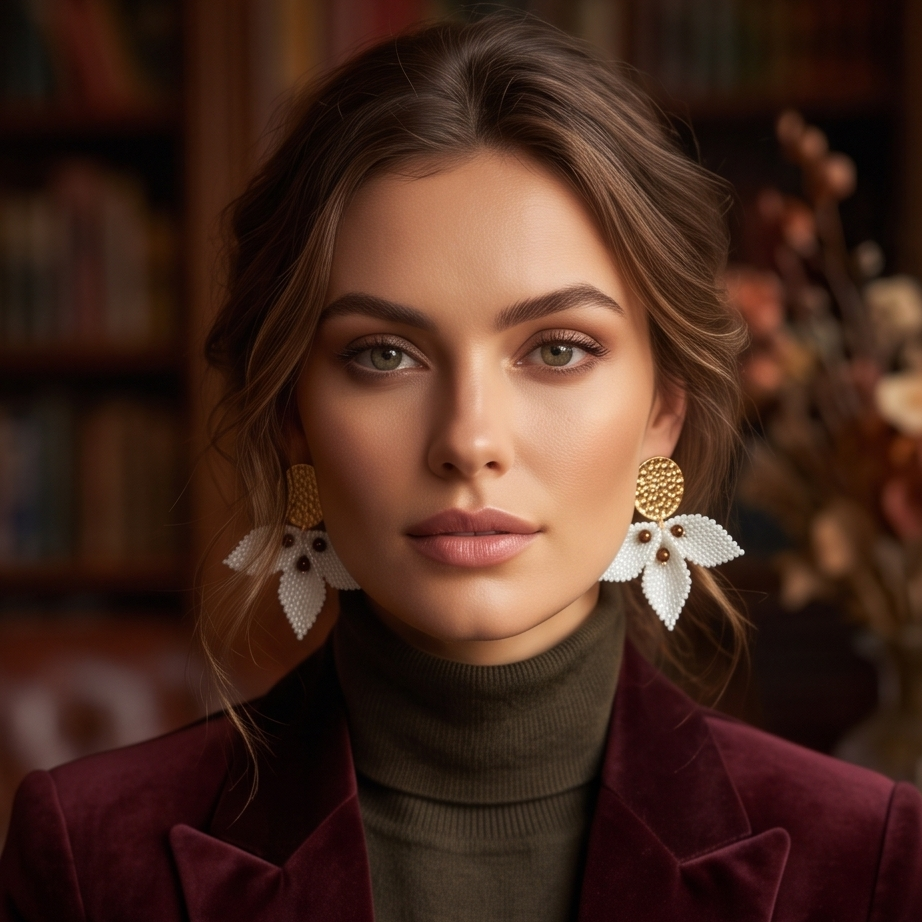 Fashion portrait of a model in a burgundy blazer wearing Dailot Petal Sculpture handmade floral Miyuki earrings with gold-tone studs.