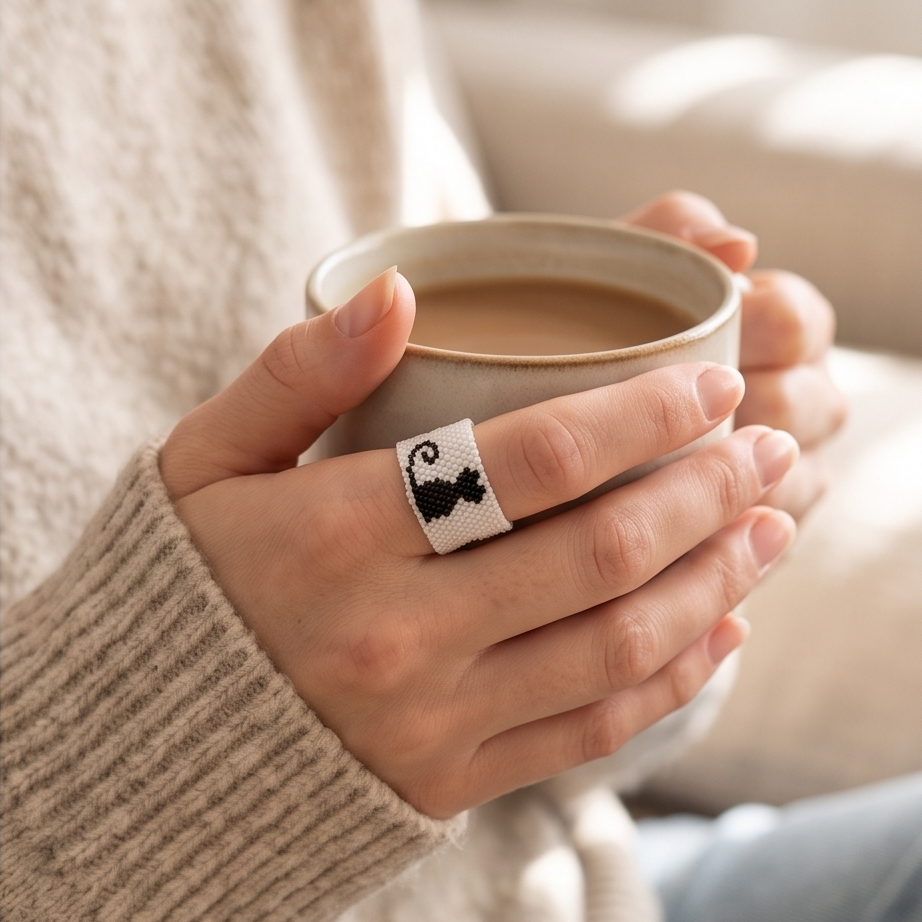 Whiskers handmade Miyuki cat ring styled with a neutral sweater and ceramic cup