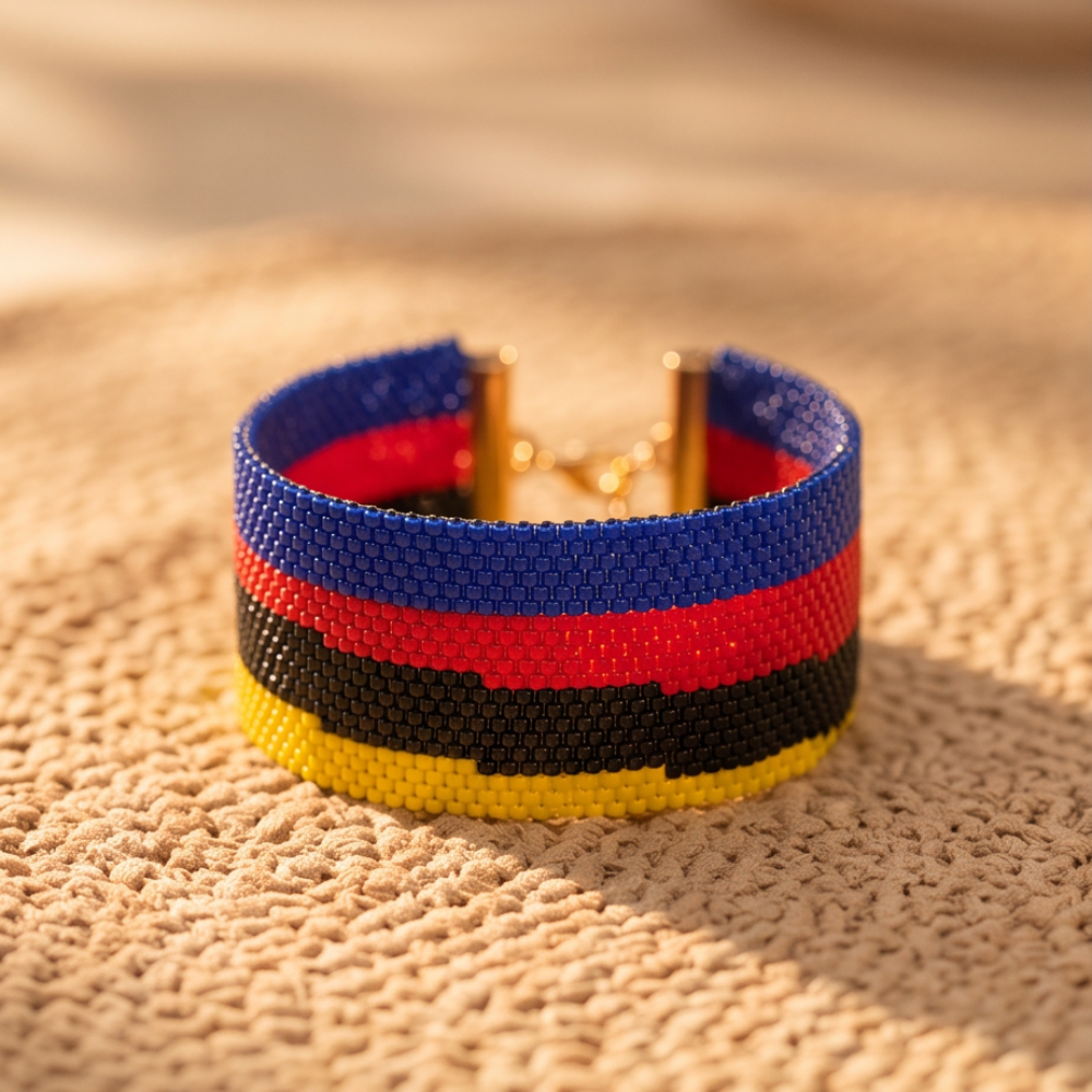 Dailot bracelet with blue, red, black, and yellow bead stripes displayed on a beige textured surface.