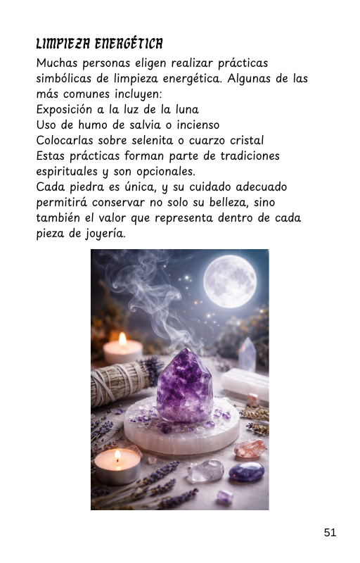 Amethyst guide page from Guía de Piedras Naturales showing composition, Mohs hardness, origin, spiritual properties and jewelry care