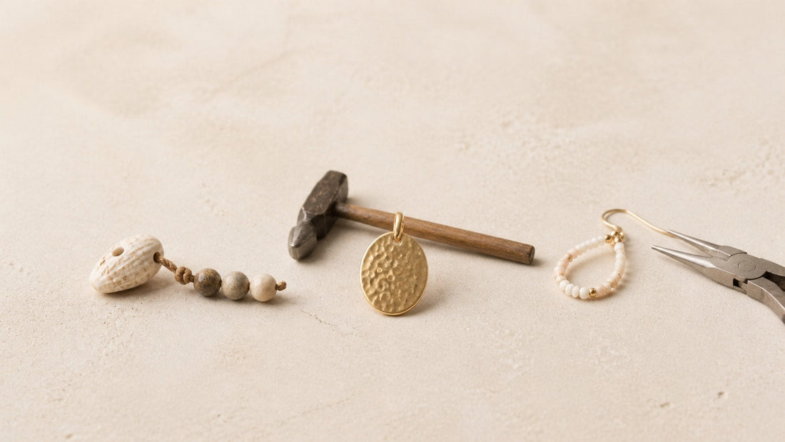 Minimal display showing the evolution of handmade jewelry from natural materials to modern craftsmanship