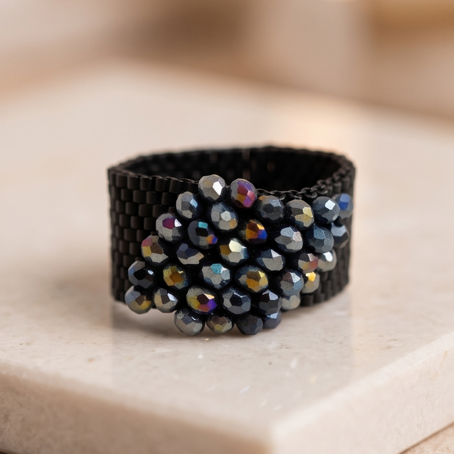 Wide black beaded ring with a cluster of faceted beads, worn on a hand.