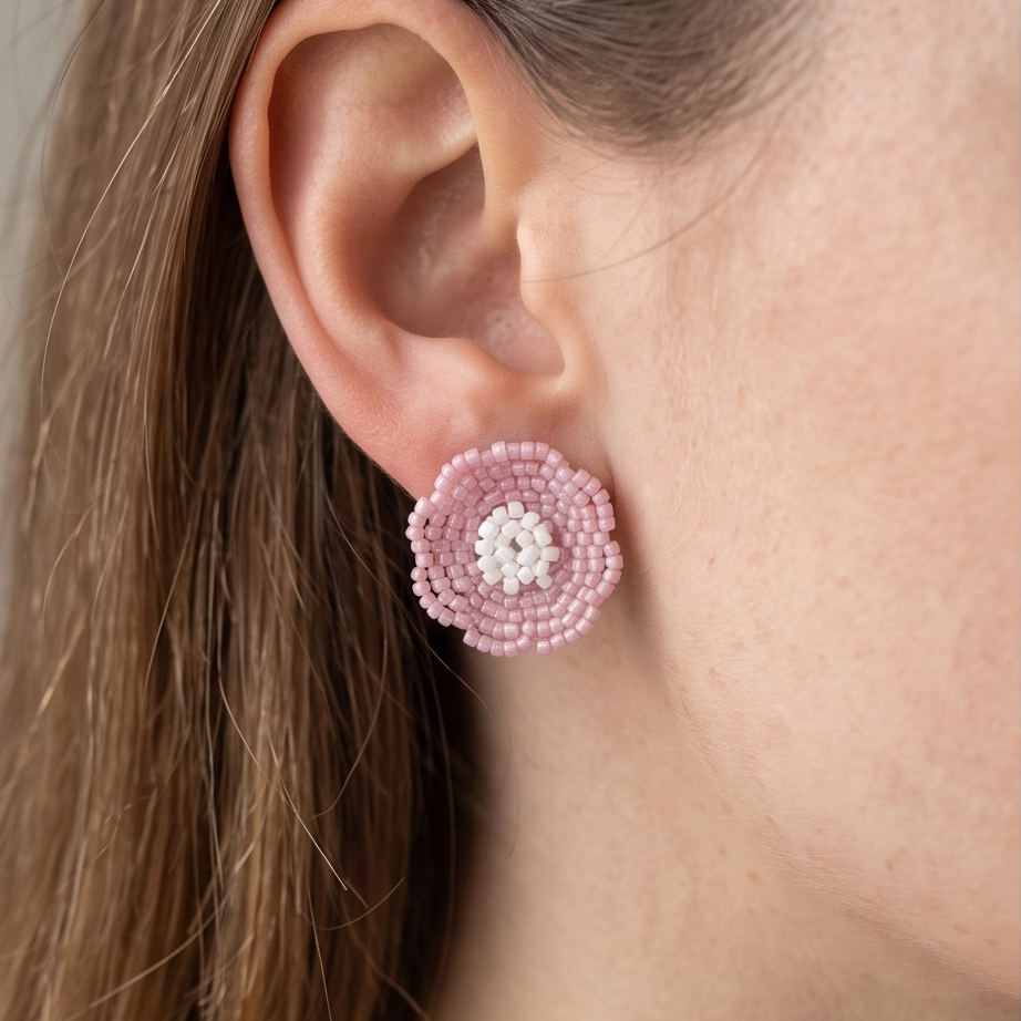 Blush pink beaded flower stud earring with a white center worn on an ear.
