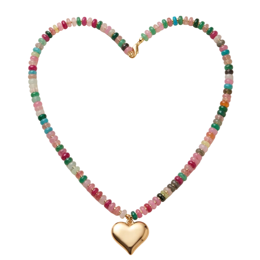Collar de piedras  rosas, verdes y turquesas con pequeños detalles dorados y un colgante de corazón dorado.