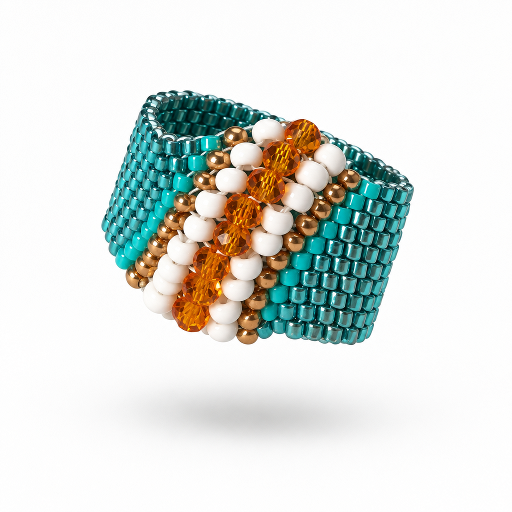 Cascade wide Miyuki beaded ring with turquoise band, white and gold-tone accents and faceted amber-orange center beads