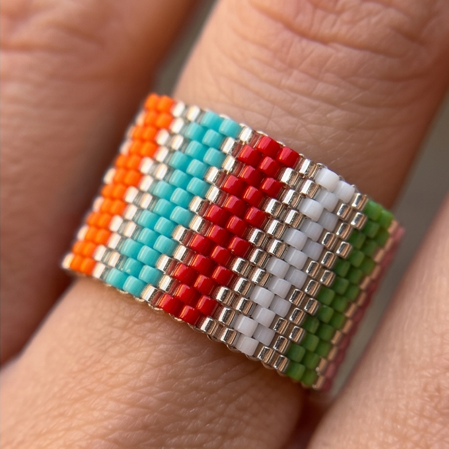 Chromatic 17 mm wide Miyuki Delica ring worn on hand showing its multicolor geometric beadwork