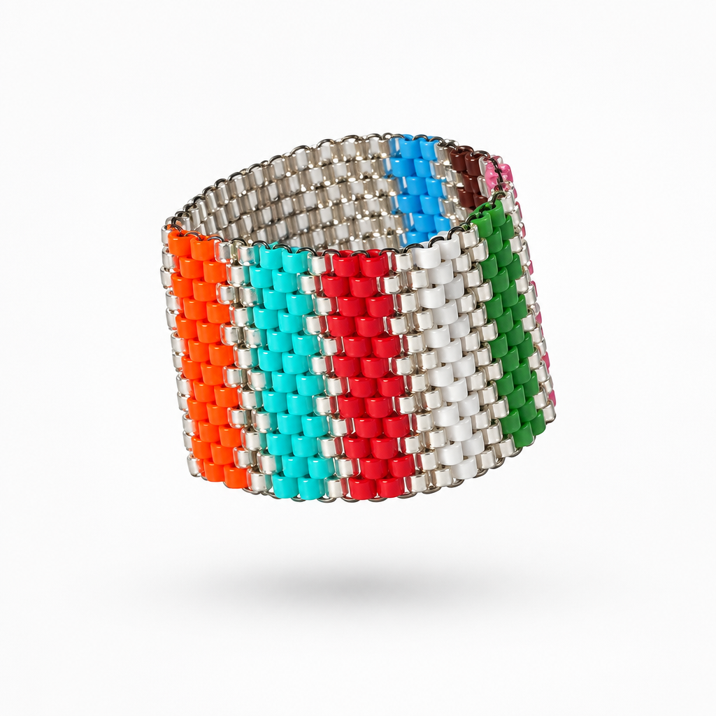 Chromatic 17 mm Miyuki Delica ring with multicolor geometric pattern and silver-tone bead accents