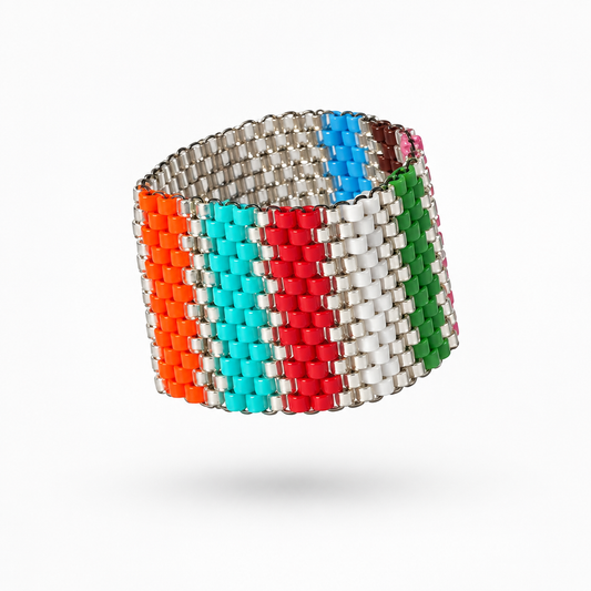 Chromatic 17 mm Miyuki Delica ring with multicolor geometric pattern and silver-tone bead accents