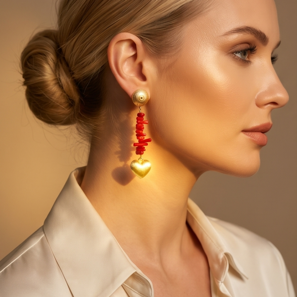 Model wearing Dailot handmade coral and gold-plated heart drop earrings