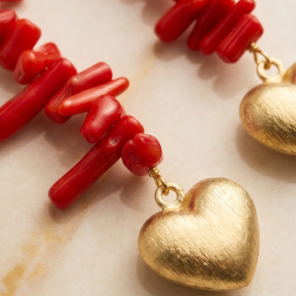 Close-up of natural coral and gold-plated heart detail on Dailot handmade earrings