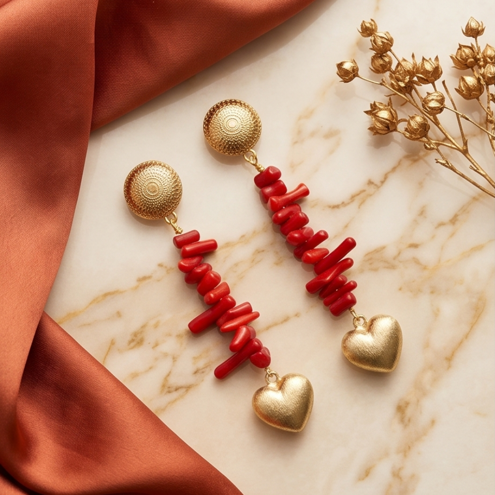 Dailot handmade coral heart drop earrings with gold-plated details