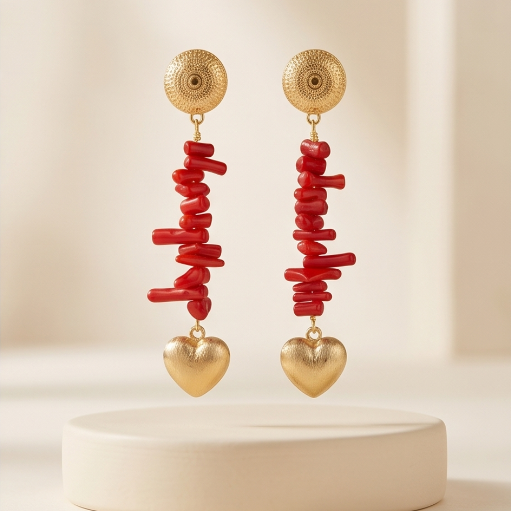 Handmade natural coral drop earrings with gold-plated heart charms by Dailot
