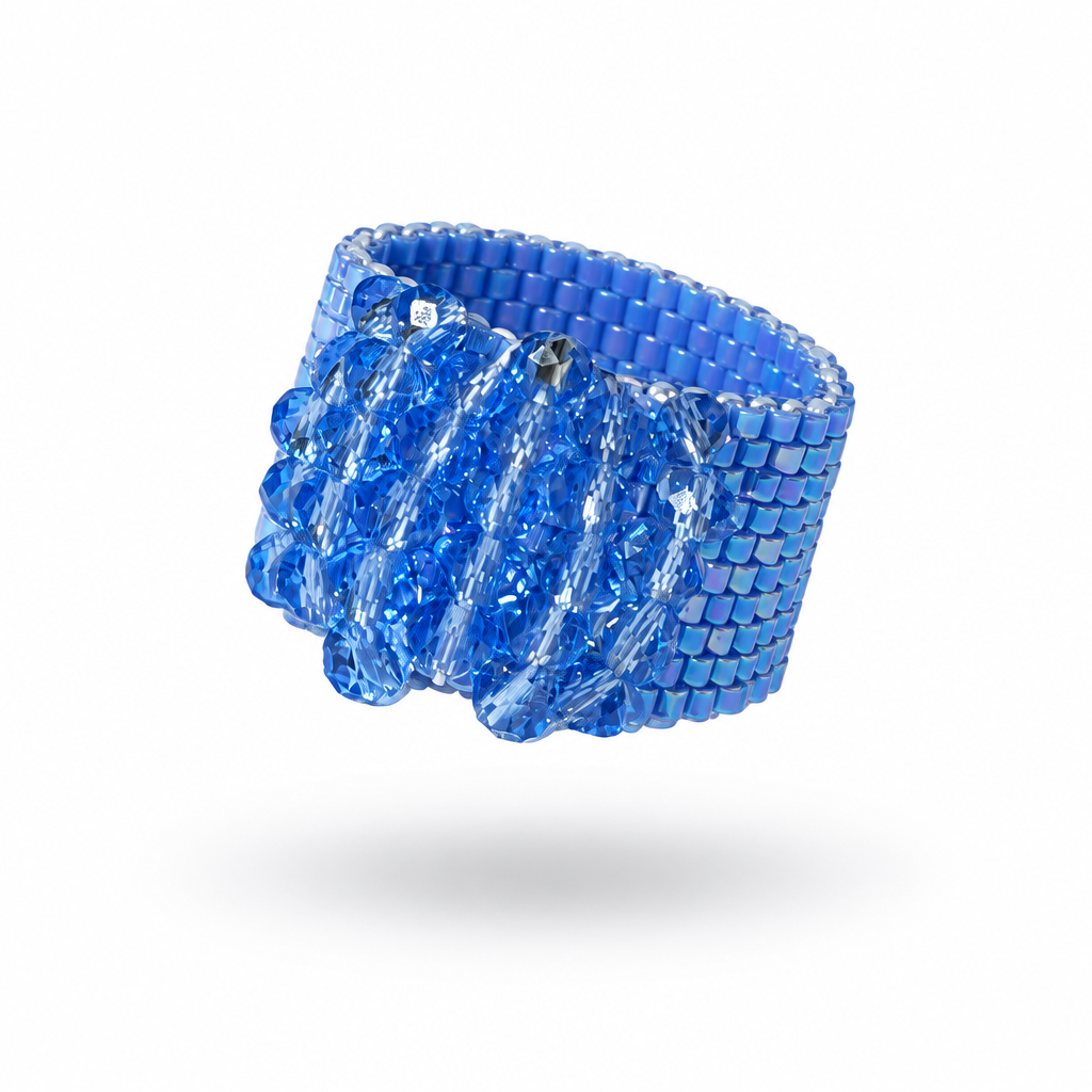 Crystal Bloom 14 mm Miyuki ring in blue with vibrant faceted blue crystal embellishments