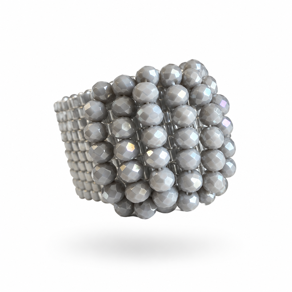 Crystal Bloom 14 mm Miyuki ring in gray with dimensional faceted crystal embellishments