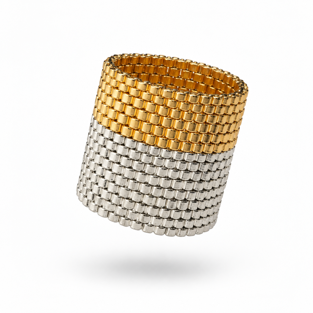 Duet gold and silver-tone Miyuki Delica statement ring worn on a model showing its 24 mm wide design