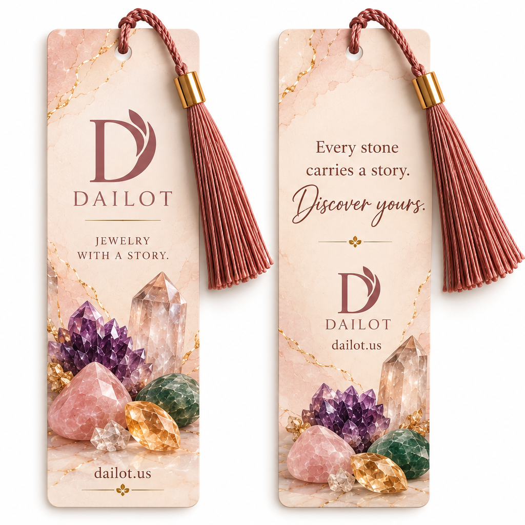 Exclusive Dailot bookmark included with the signed Guía de Piedras Naturales featuring natural stone illustrations and Dailot branding