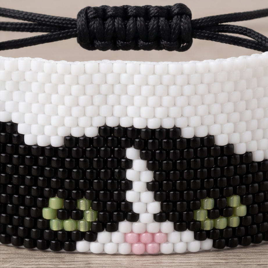 Close-up of Feline Muse Miyuki Delica bracelet showing detailed black cat motif and adjustable sliding knot