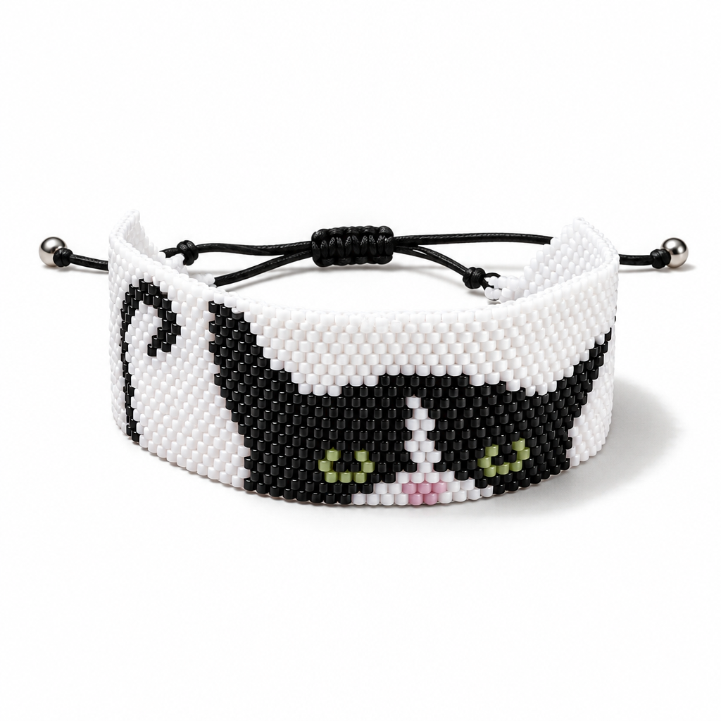 Front view of Feline Muse handmade Miyuki Delica cat cuff bracelet with green eyes and adjustable black cord