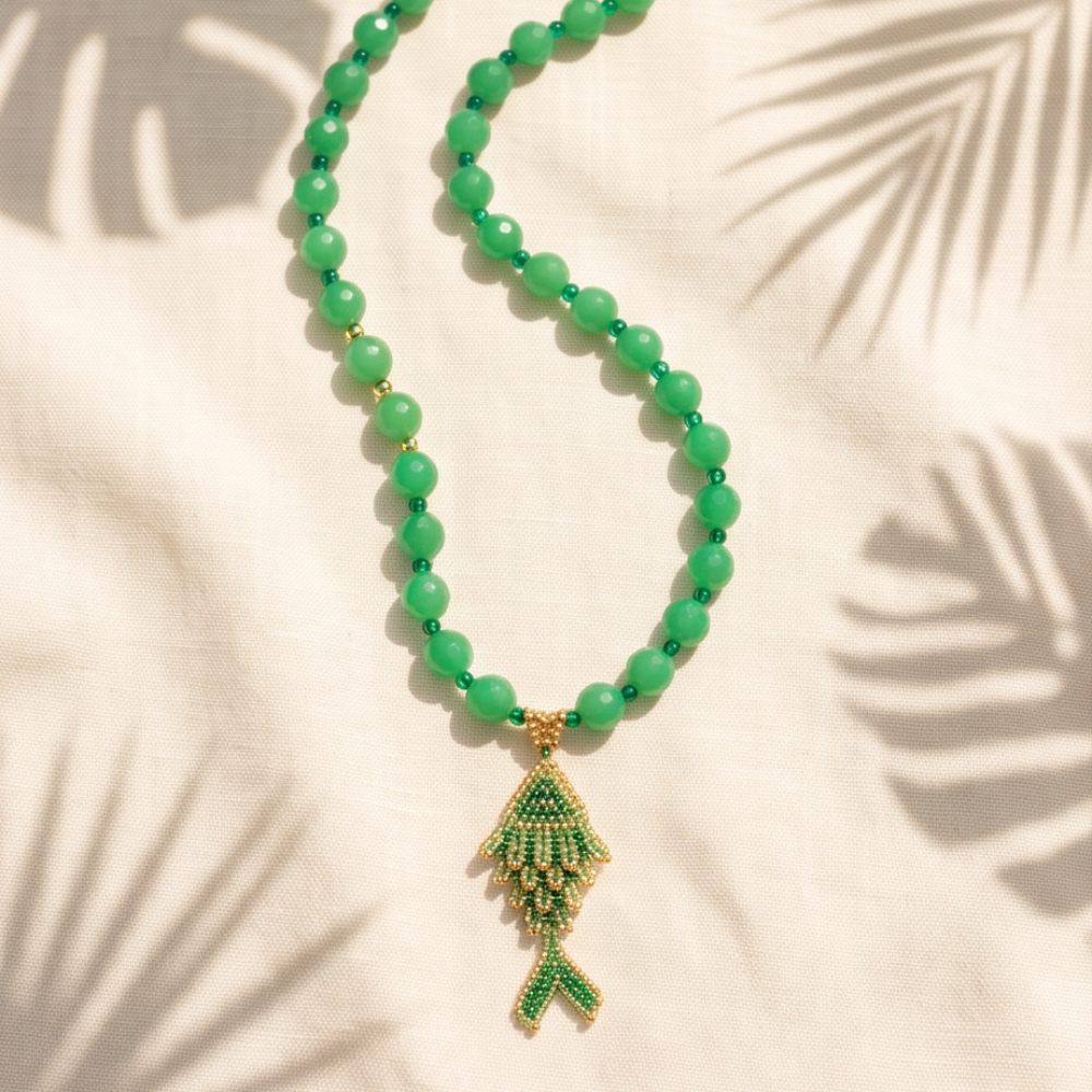 Handmade green gemstone necklace with green and gold Miyuki fish pendant by Dailot