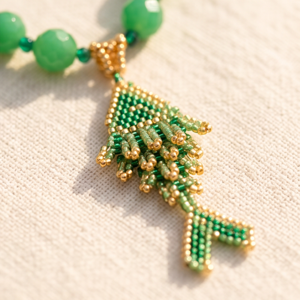 Green gemstone necklace with handmade green and gold Miyuki fish pendant by Dailot
