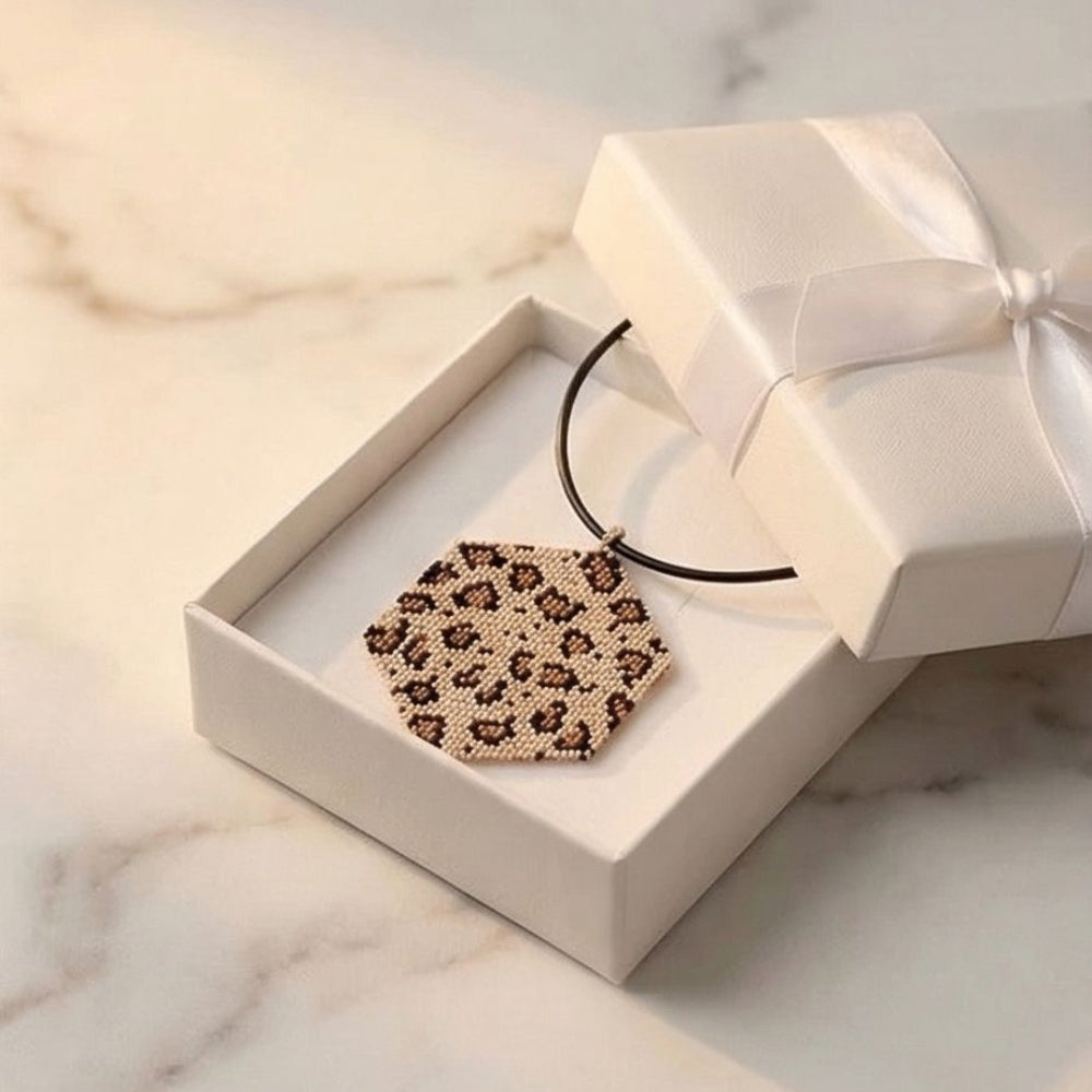 Handmade leopard print Miyuki beaded pendant necklace by Dailot in gift box