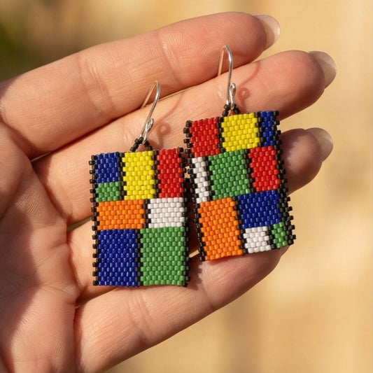 Handwoven Mondrian-inspired geometric earrings made with colorful Miyuki Delica beads