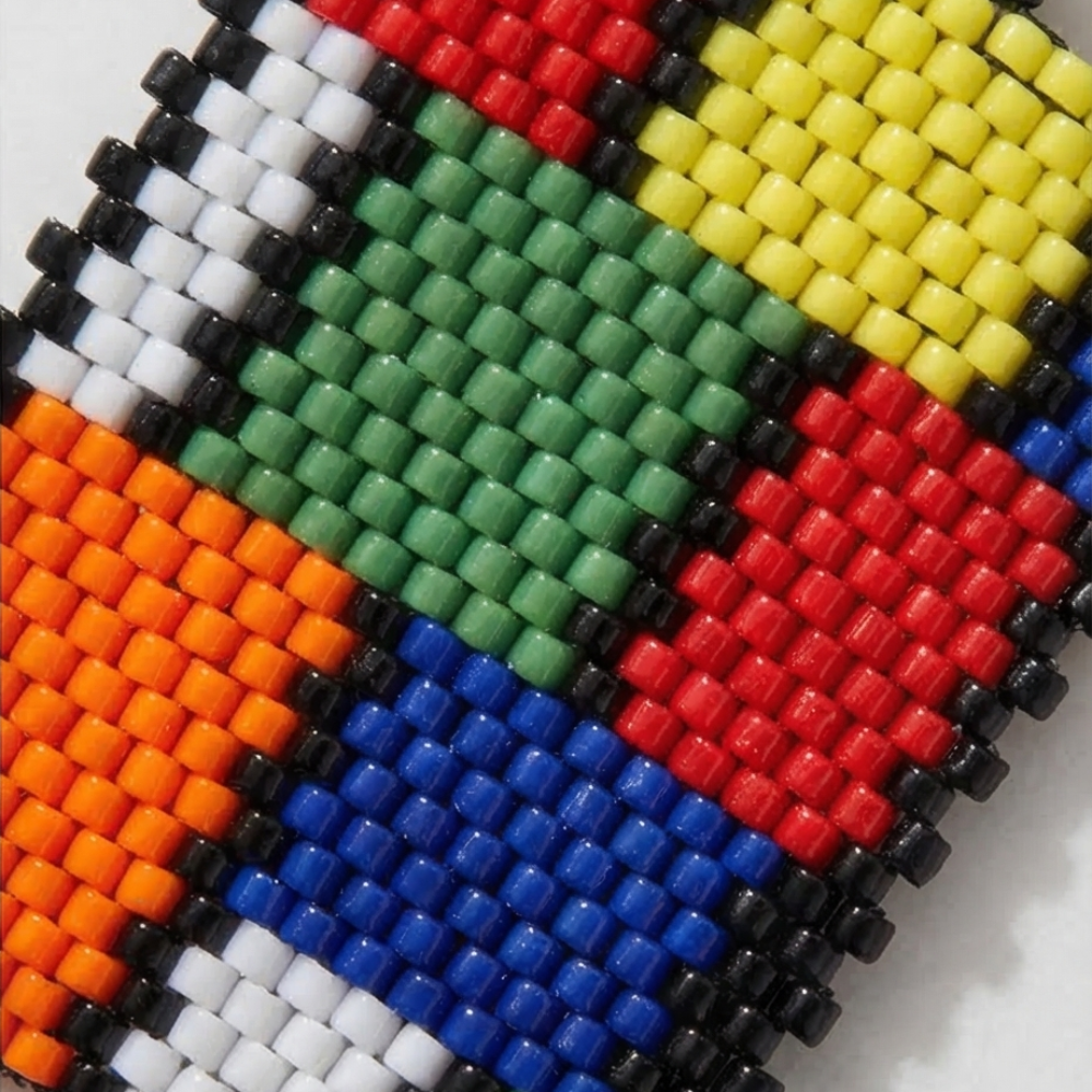 Close-up of colorful geometric Miyuki Delica earrings handwoven in peyote stitch