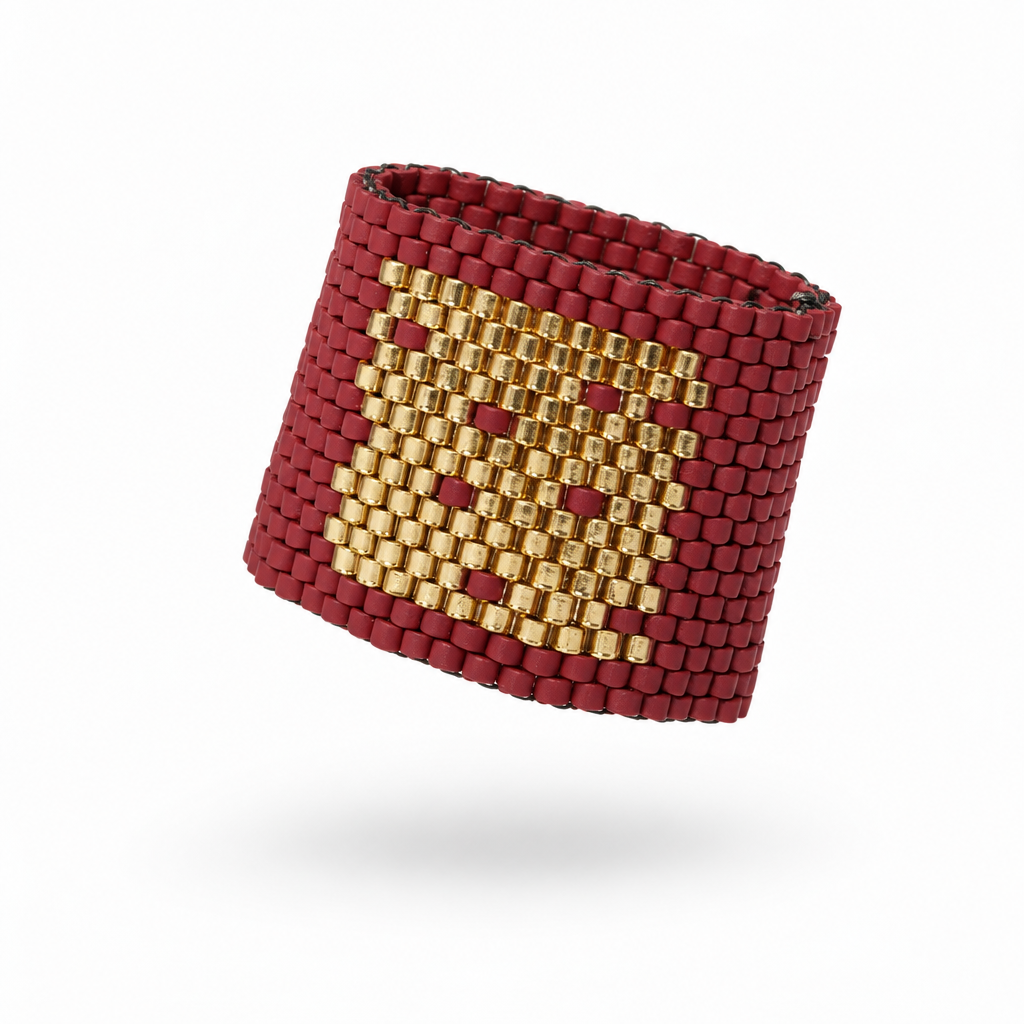 Monogram 21 mm Miyuki Delica ring with burgundy beadwork and gold-tone geometric design