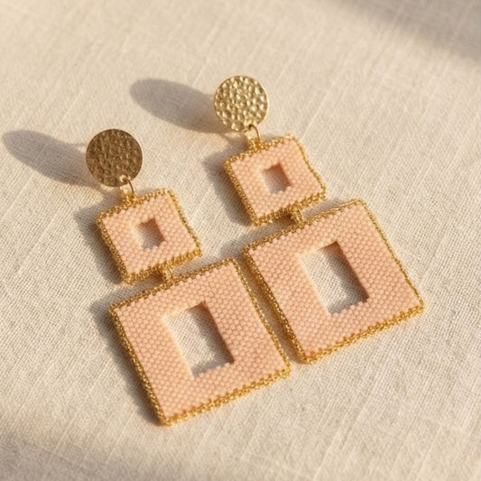 Handmade peach and gold geometric Miyuki statement earrings by Dailot