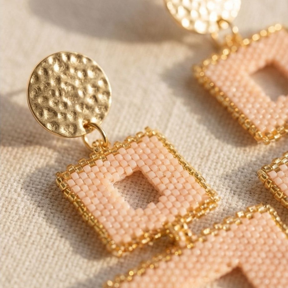 Handmade peach and gold Miyuki beaded drop earrings by Dailot