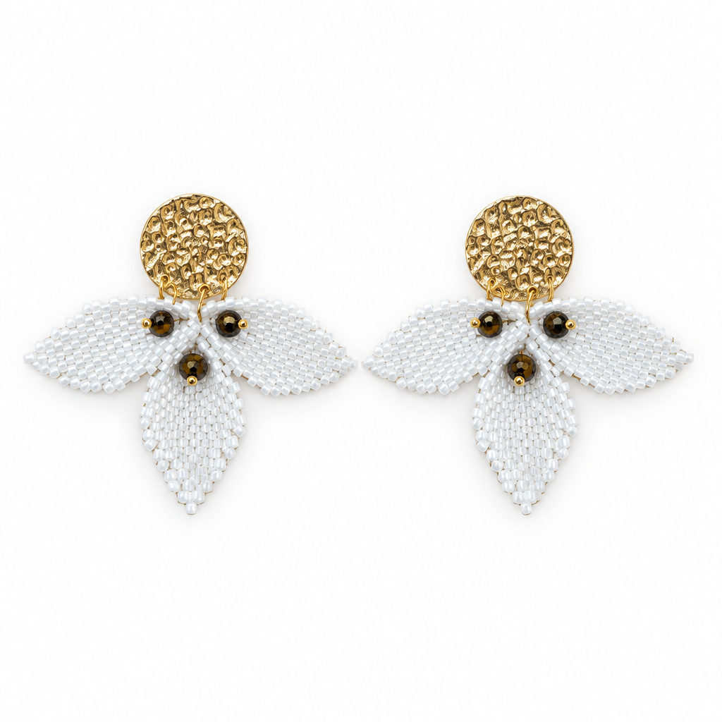 Petal Sculpture handmade Miyuki Delica earrings in ivory with sculptural beaded petals and textured gold-tone studs by Dailot.