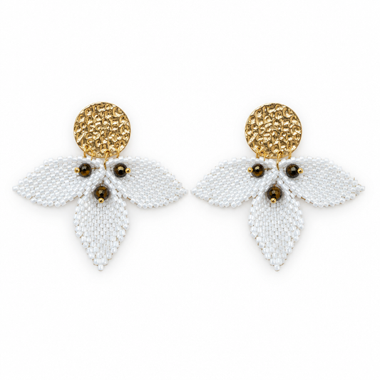Petal Sculpture handmade Miyuki Delica earrings in ivory with sculptural beaded petals and textured gold-tone studs by Dailot.