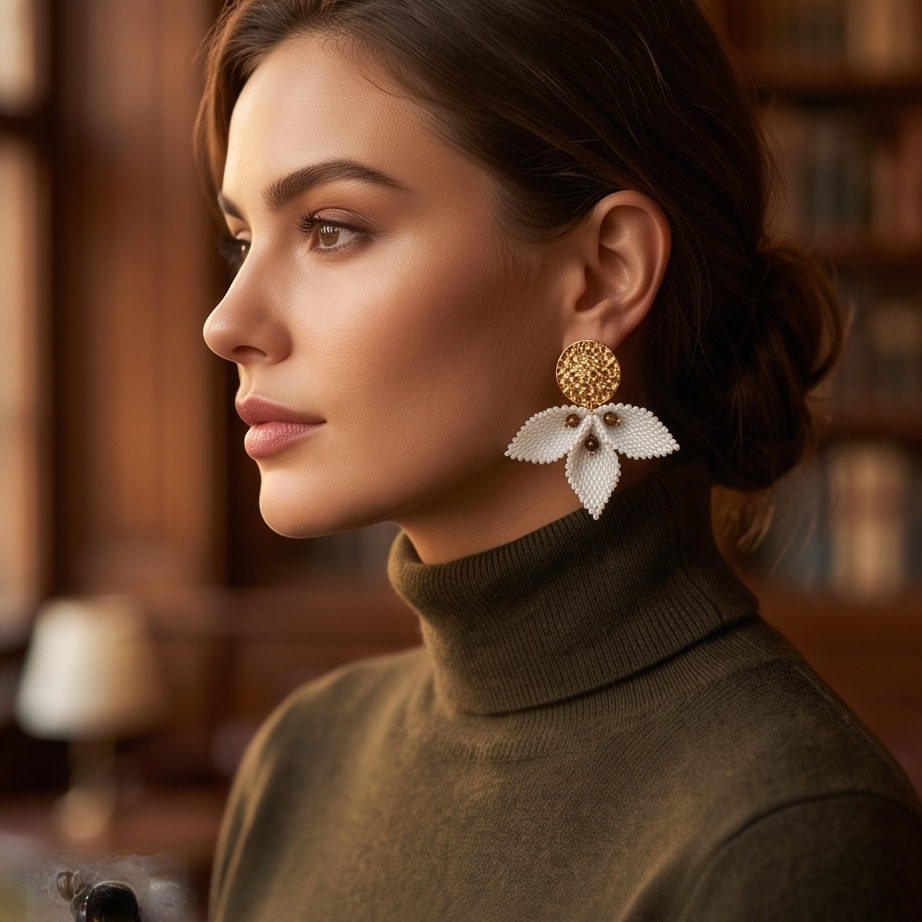 Model wearing Dailot Petal Sculpture floral statement earrings with an olive turtleneck, showcasing their handcrafted Miyuki bead design.