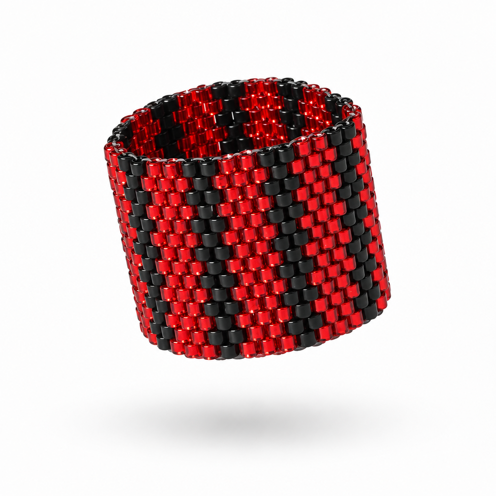 Pulse 18 mm Miyuki Delica ring with luminous red and matte black geometric beadwork