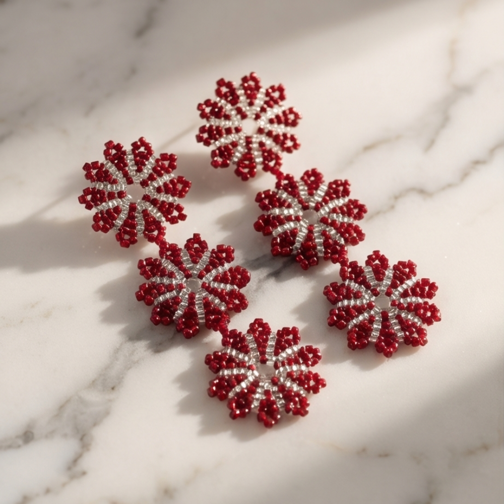 Red and white handmade Miyuki floral drop earrings by Dailot