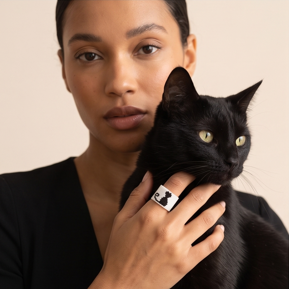 Whiskers handmade Miyuki Delica cat ring worn by a model holding a black cat