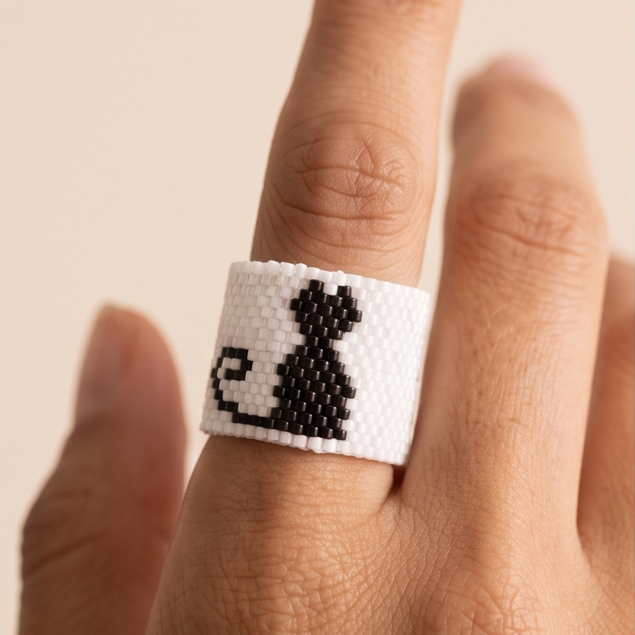 Close-up of Whiskers Miyuki Delica statement ring with black cat motif worn on hand