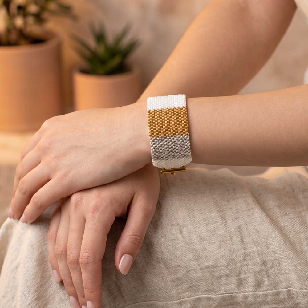 Dailot white beaded bracelet with gold-tone and silver-tone panels worn on a wrist above a beige linen outfit.