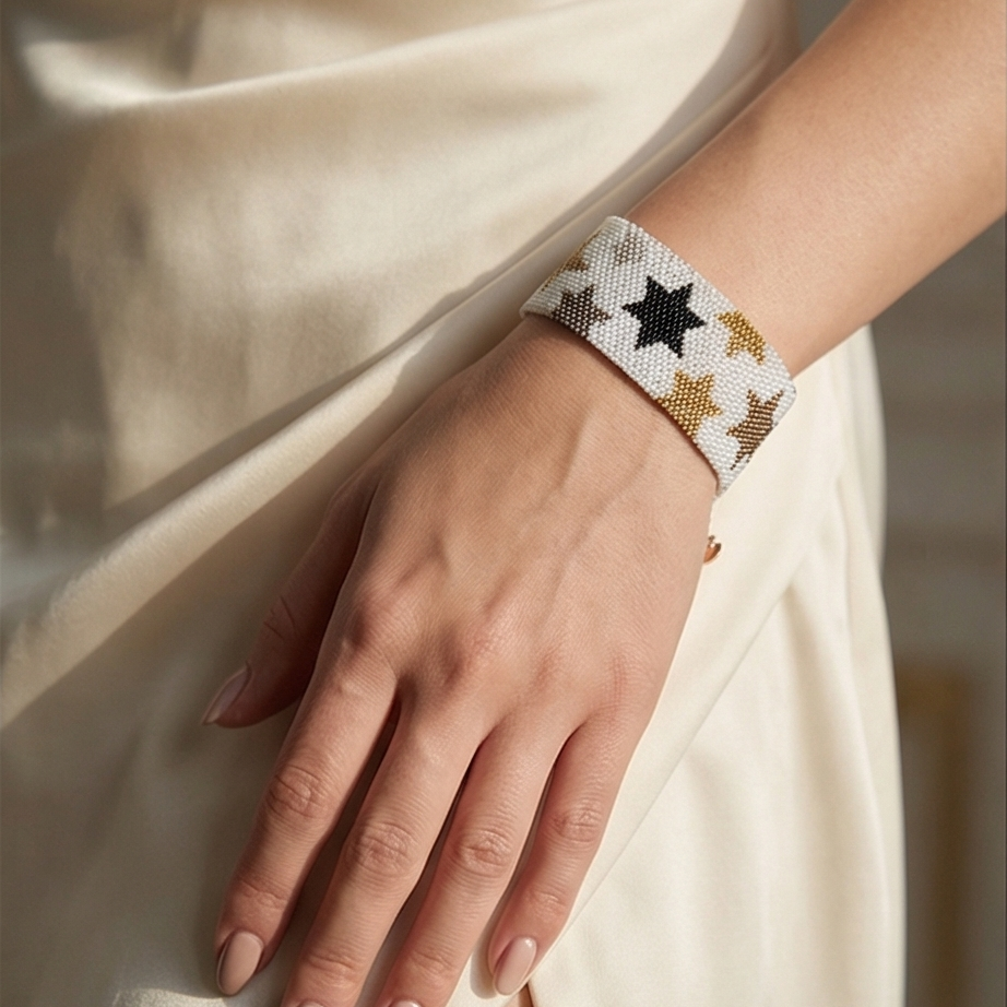 Close-up of a Dailot white beaded bracelet with black and metallic stars worn on a wrist against an ivory dress.