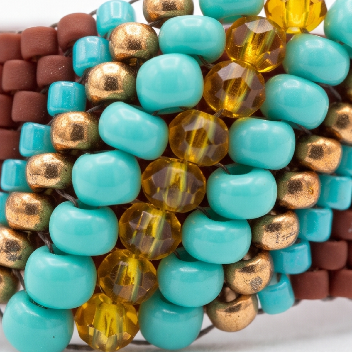 Close-up of handwoven Miyuki Delica beadwork and crystal details on the Woven Cascade Ring.