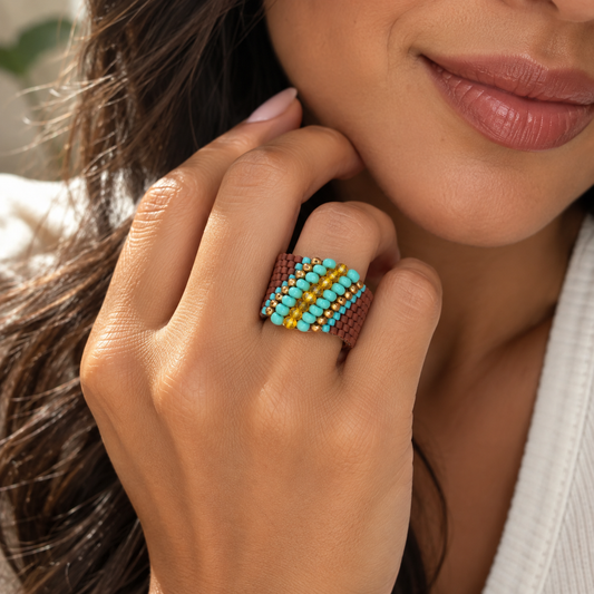 Woven Cascade Miyuki Delica statement ring worn on hand showing its bold handcrafted design.