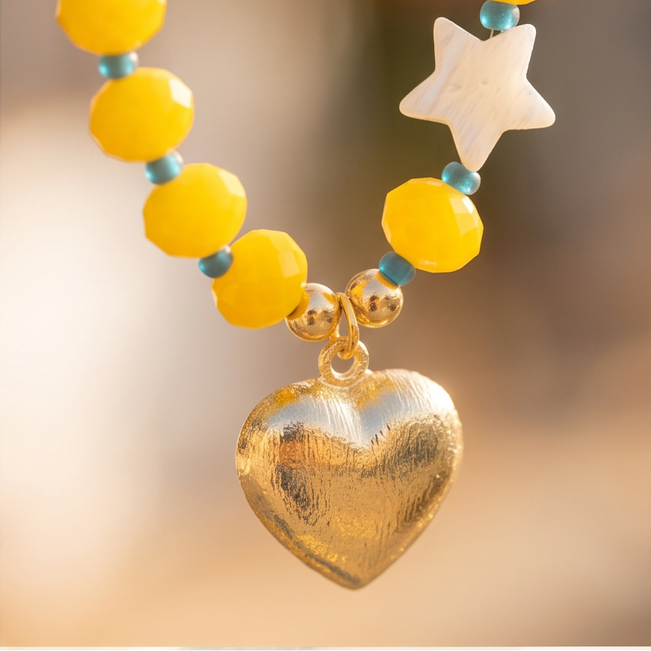 Close-up of yellow faceted crystal necklace with mother-of-pearl star and gold-plated heart pendant by Dailot