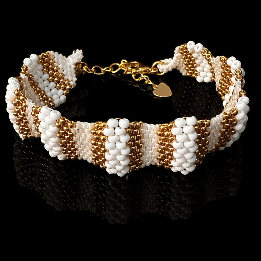 Handcrafted white and gold Miyuki bracelet with geometric beadwork handmade by Dailot in North Carolina