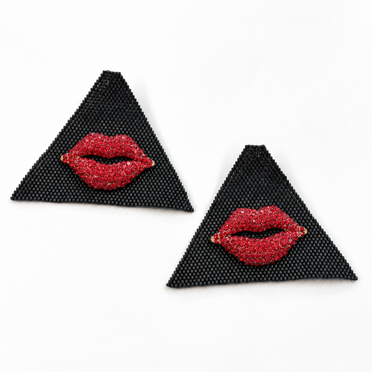 Kiss handcrafted Miyuki geometric earrings with crystal lips by Dailot