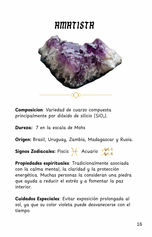 Crystal energy cleansing page from Guía de Piedras Naturales explaining traditional symbolic cleansing practices for natural stones