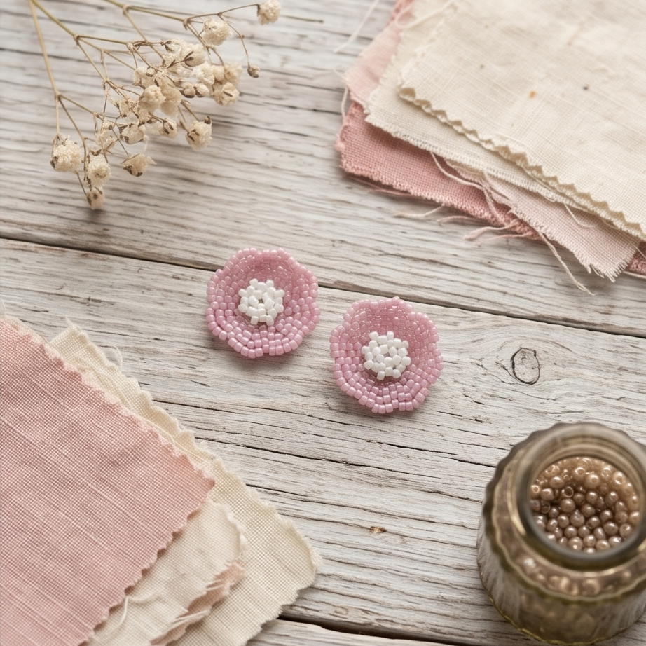 Pink beaded flower earrings on a whitewashed wooden surface beside pastel fabric swatches and dried flowers.